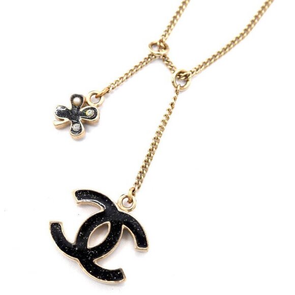 CHANEL CC Logo Rhinestone Pearl Clover Charm Necklace 17" Gold Tone 07A Auth - Picture 1 of 6